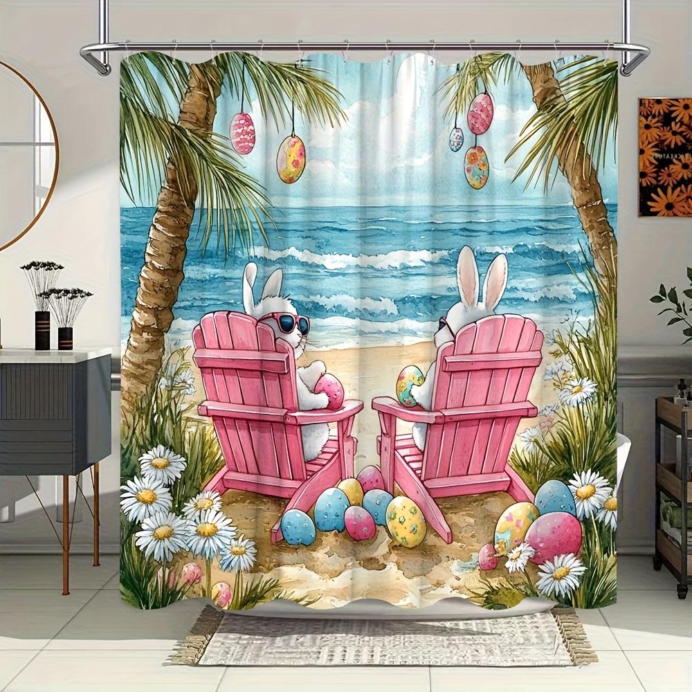 

1 Extra Large Easter Shower Curtain - Soft Tones, Green & Yellow With Bunny, Eggs, And Palm Tree Bathroom Decor - High-Quality W60H190(CM)-1 Pcs
