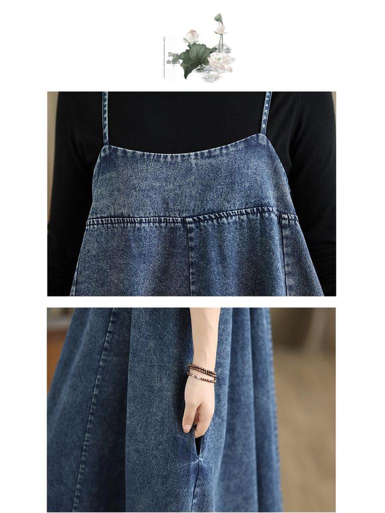 Women's French Retro Loose-Fit Denim Overalls Dress