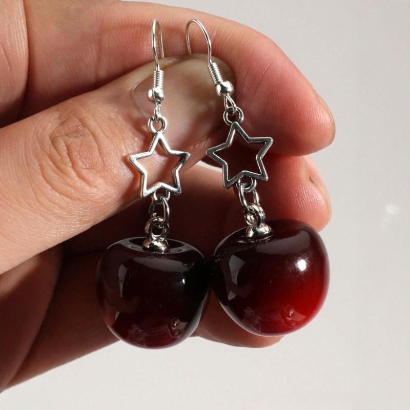 

Personalized Creative Hollow Star Dark Red Color Apple Pendant Earrings, Women s Retro Trendy Holiday Accessory Gifts