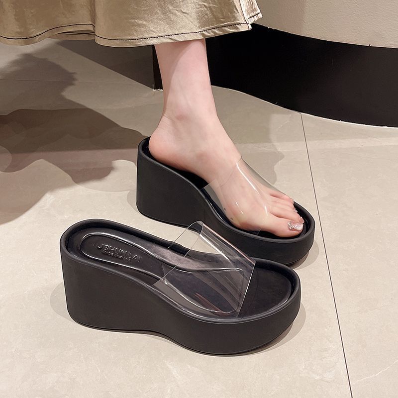Wearing Transparent Belt High Heel Thick Bottom Beach Sandals Women 2025 New Summer Silver Heightened Slope Heel One-word Slippers