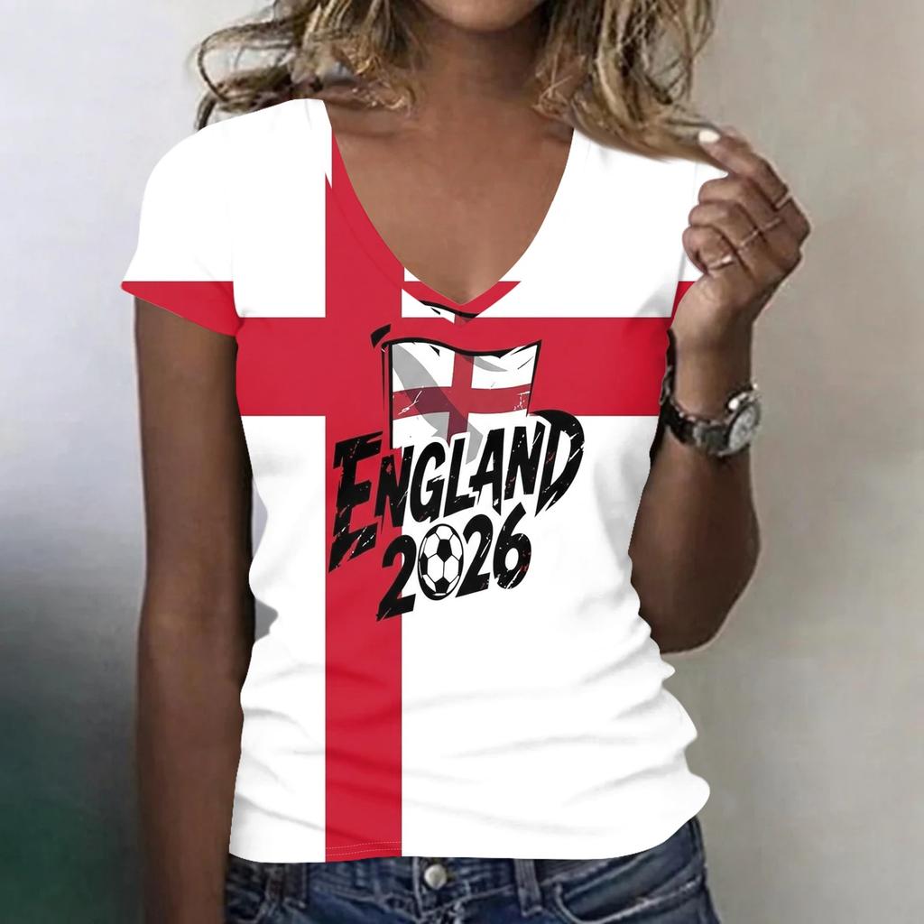 Women's V Neck Lightweight Short Sleeve Top Soccer Inspired Print Casual Summer Shirt for Canada USA Mexico Fans