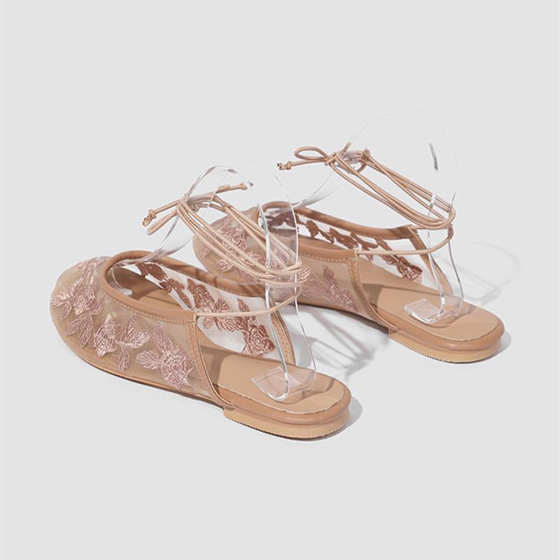 Fashion Fashion Air Mesh Flowers Embroidery Women Ballet Flats Comfortable Soft Soles Lace Up Slingbacks Summer Loafers Casual Shoes