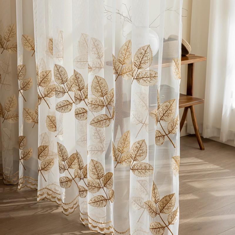Transparent Sheer Curtain With Leaf Embroidery Living Room Balcony Modern Minimalist Decor