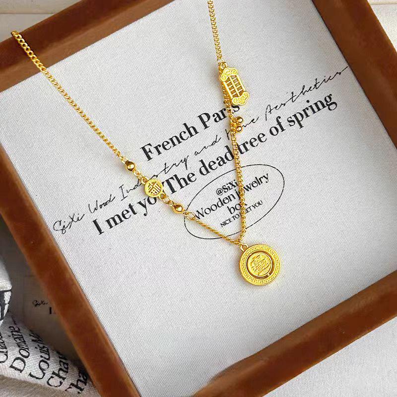 Золотой вращающийся кулон-счеты с иероглифом Фу на цепочке для свитера