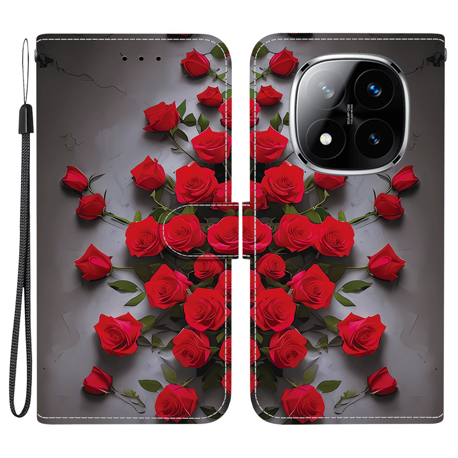 

For Xiaomi Redmi Note 14 Pro+ 5G/Note 14 Pro 5G Leather Case Stand Wallet Pattern Printing Phone Cover with Wrist Strap Red Rose