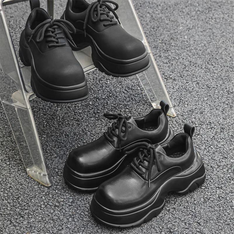 Sapatos Casuais Masculinos de Couro com Solado Grosso Aumento Tênis Masculino Moda Homem Sapatos Oxfords Calçados Formais