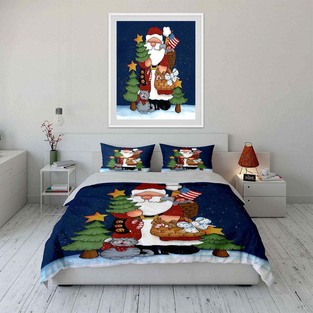 Santa and Cat Christmas Design Bedding Duvet Cover Set Duvet Cover Pillowcases (1*Duvet Cover 2*Pillowcases, Without Duvet Insert)