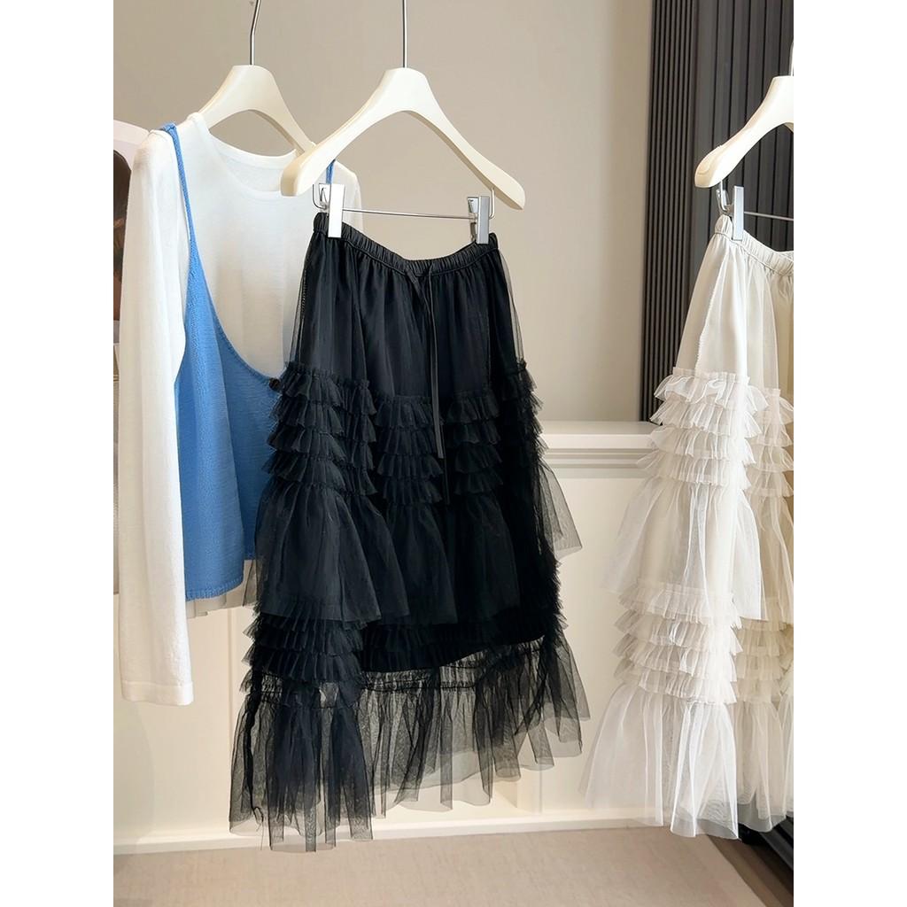 Qooth French Lace Tulle Midi Skirt Tiered Cake A-Line Skirt QT2849