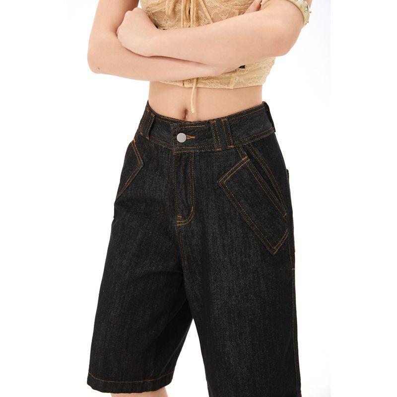 Fashion Summer Vintage Cargo Wide Leg Denim Cropped Capri Pants Loose Straight Trendy Slimming Functional Design