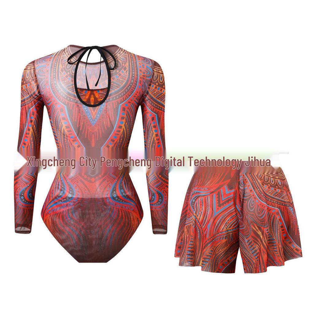 Vierteiliger Damen-Badeanzug mit langen Ärmeln, Netzstoff, Sonnenschutz und Hose