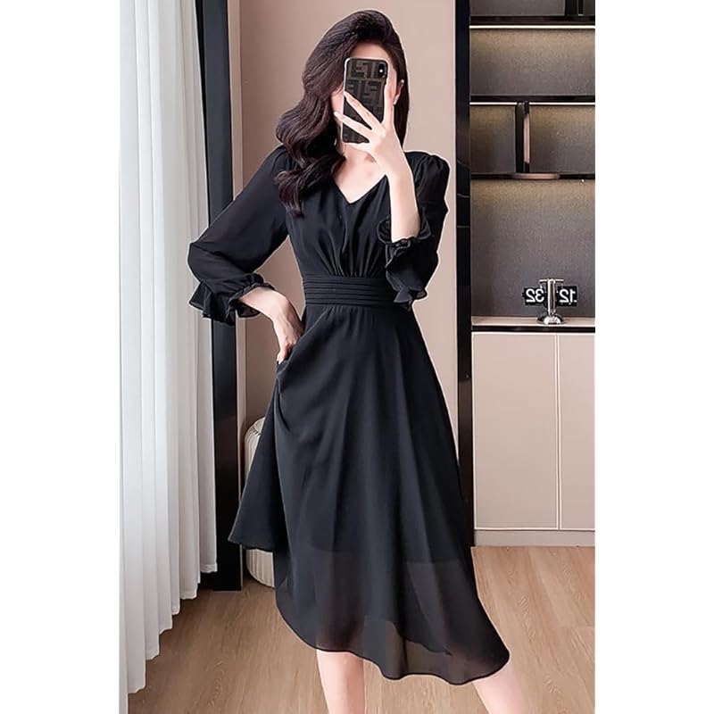 [Chubikime] one piece spring summer ladies chiffon medium length dress long sleeve V-neck adult dress A-line simple Plain color elegant Dress slimmer