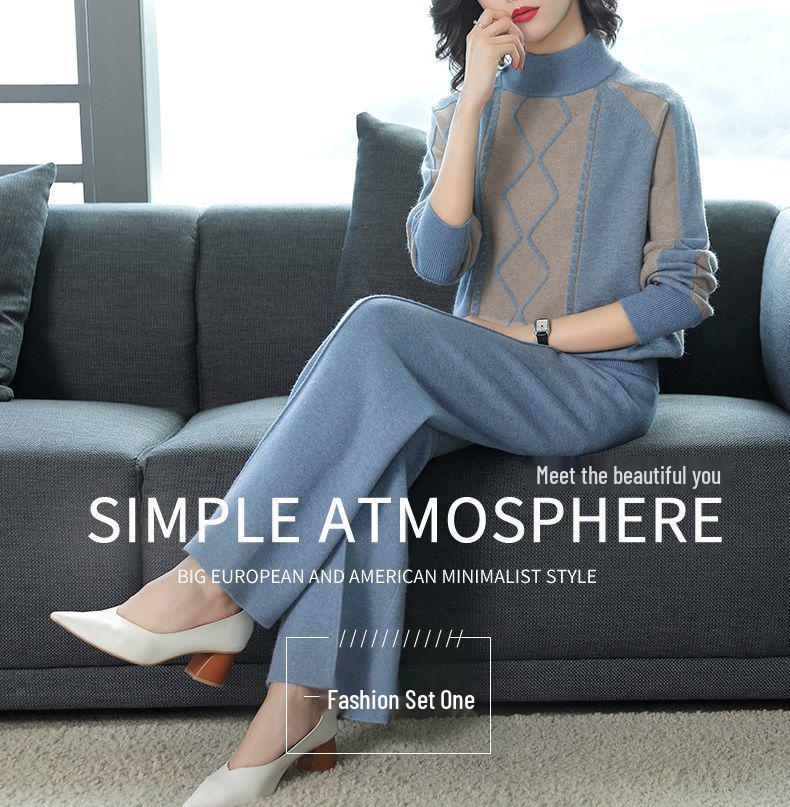 Mom's Casual Knit Wide-Leg Pants Set - Plus Size Autumn/Winter Sweater for Women