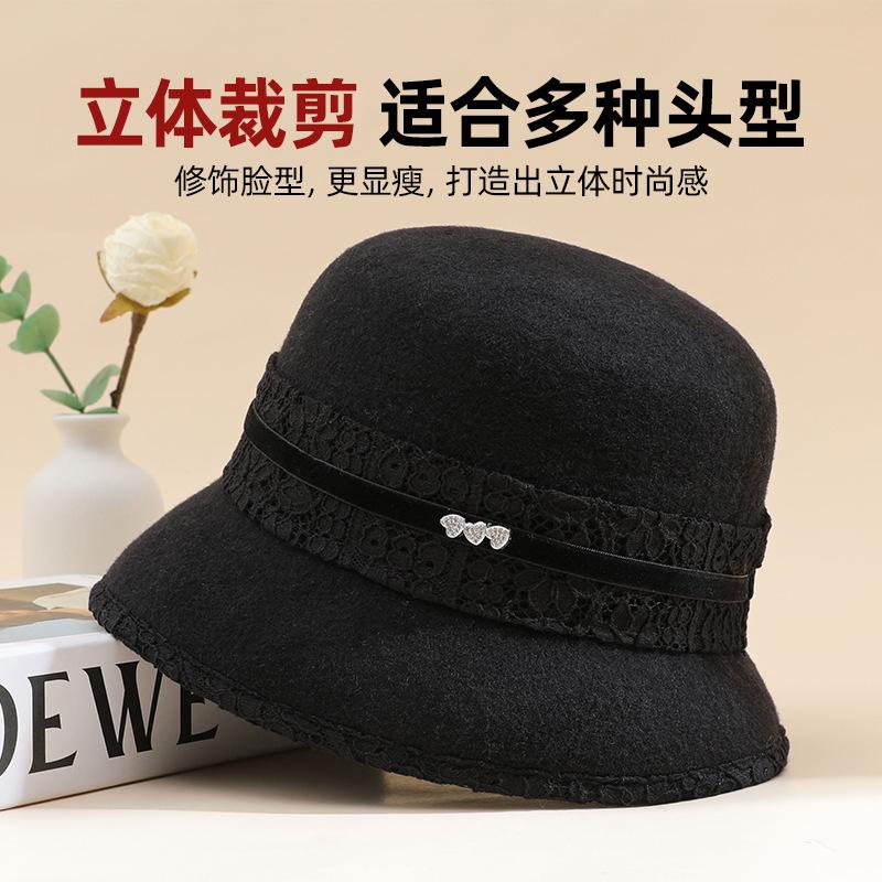 Women's 100% Pure Wool Autumn and Winter Bucket Hat Elegant Temperament Top Hat Warm Mother Hat