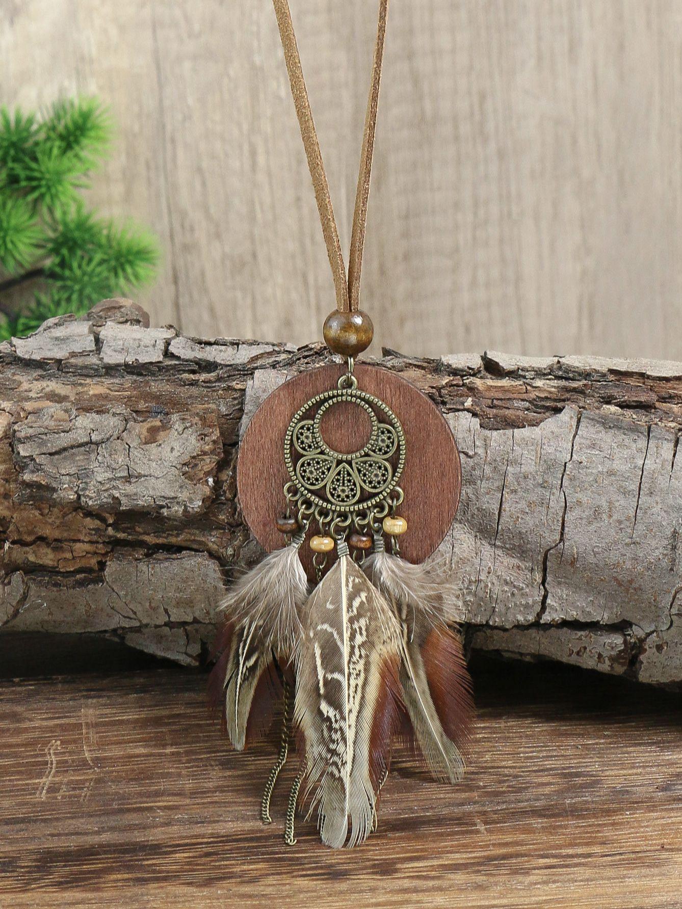 

Богемное Винтажное Стильное Круглое Деревянное Сплавное Ожерелье с Подвеской в Виде Пера для Женского Отпускного Стиля Путешествий Можно Сочетать