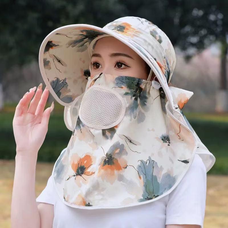 Women's Summer Wide Brim UV Protection Hat with Neck Shawl and Ponytail Tie