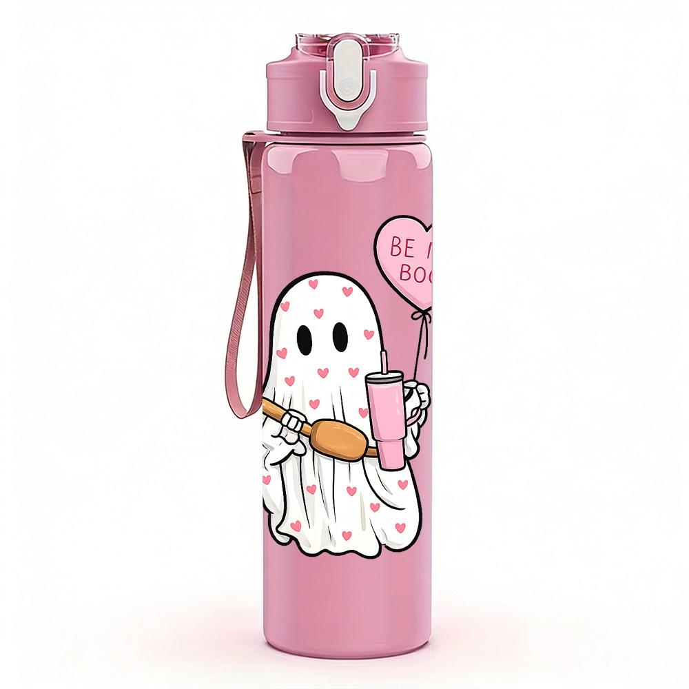 1PC Small Ghost Holding Pink Heart Print 750ml Color Plastic Sports Water Bottle Leakproof Flip Straw Lid Suitable for Sports Office Home Use