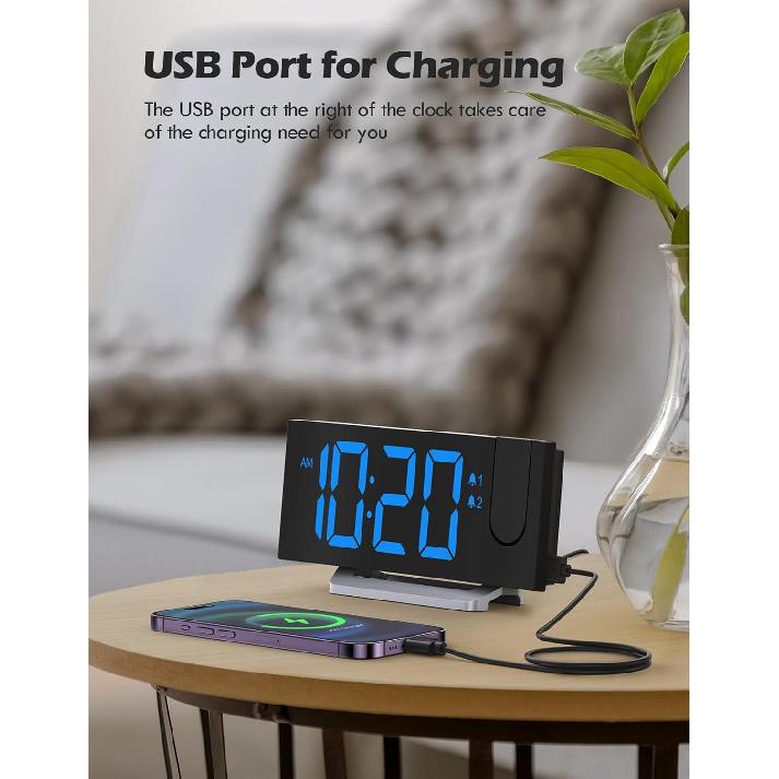 Projection Alarm Clock with FM Radio, USB Charging Port, 0-100% Dimmer, Dual Alarms, HD LED Display, 30 Preset Stations, Sleep Timer, 5 Alarm Sounds,