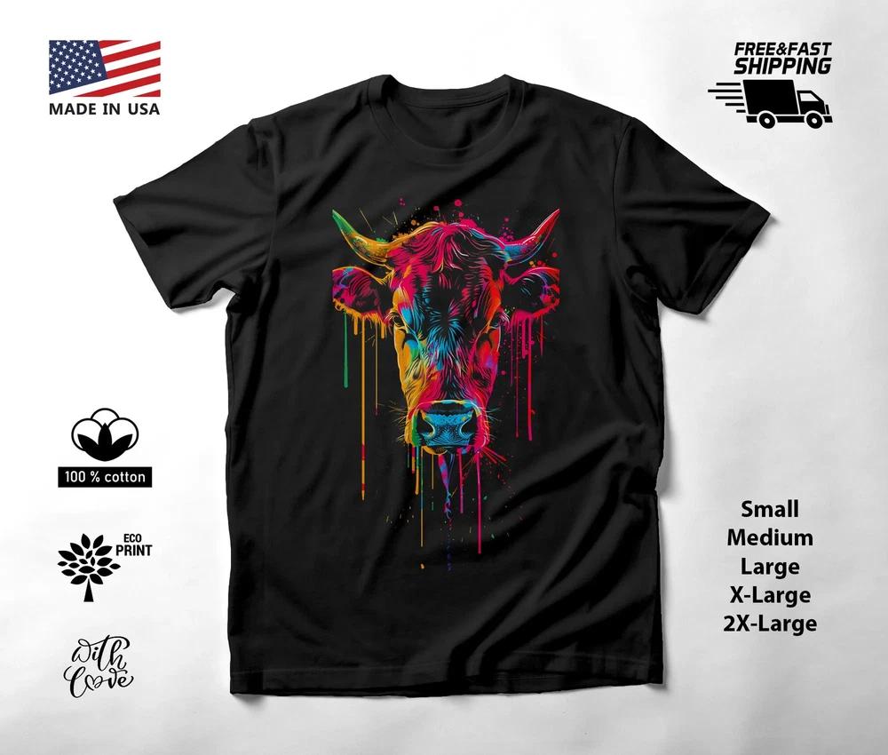 Bull Portrait Neon Graphic T-Shirt Black Unisex S-2XL