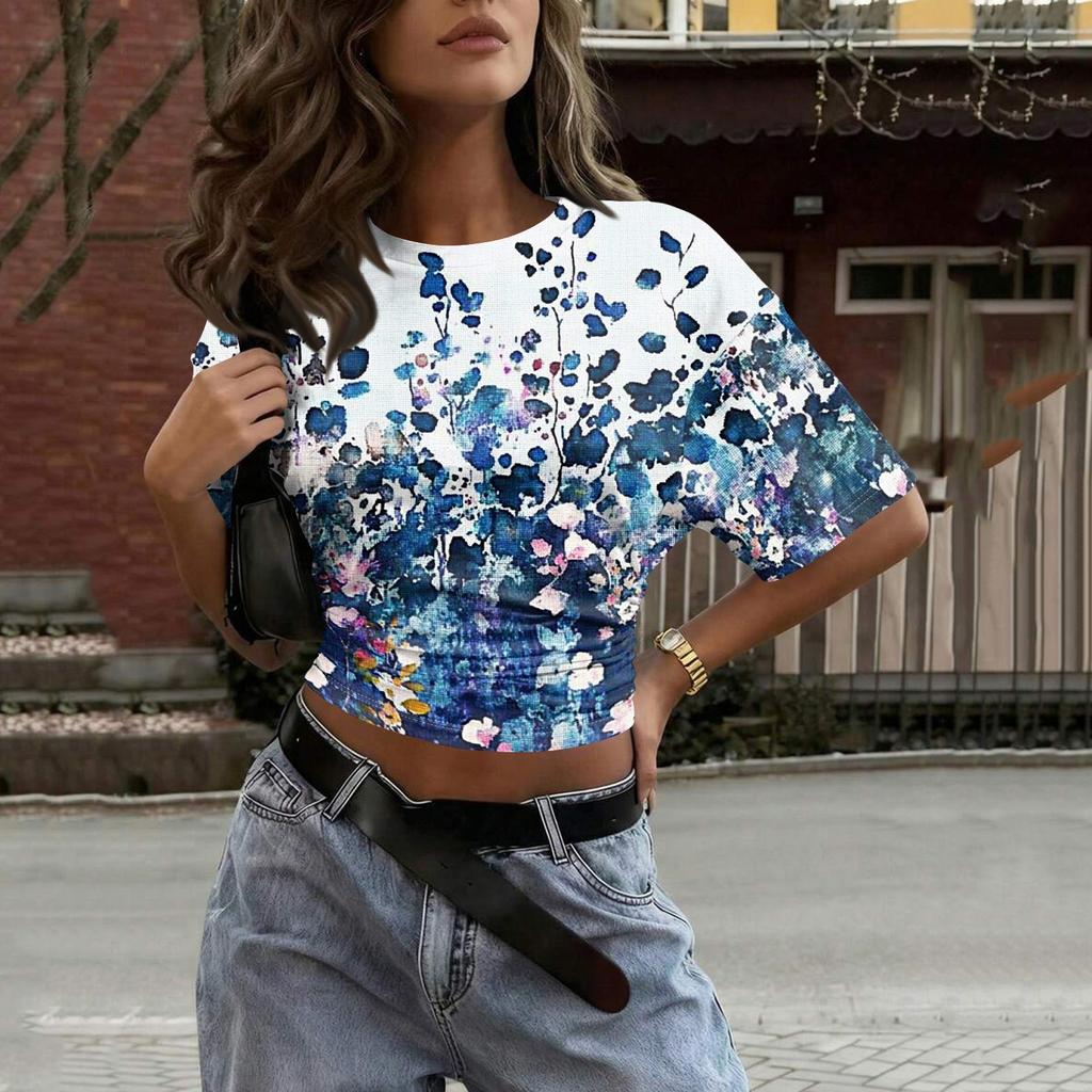 Women's Crew Neck Pullover T-Shirt Floral Print Short Sleeve Casual Loose Fit Top Lightweight Summer Tee