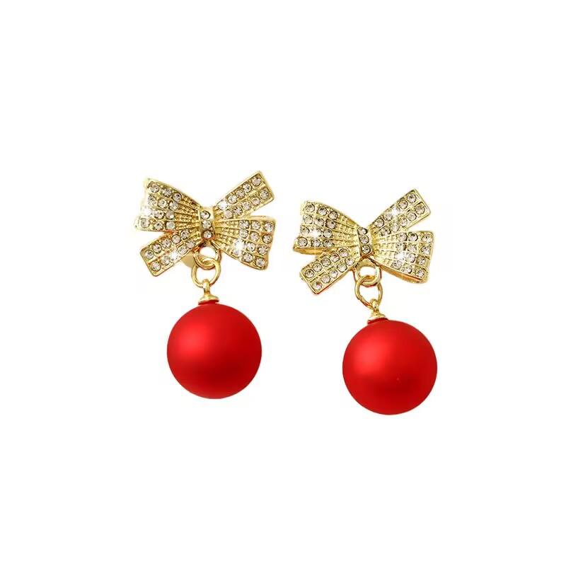 S925 Silver Needle Luxury Christmas Earrings with Red Pearl & Diamond, European & American Style