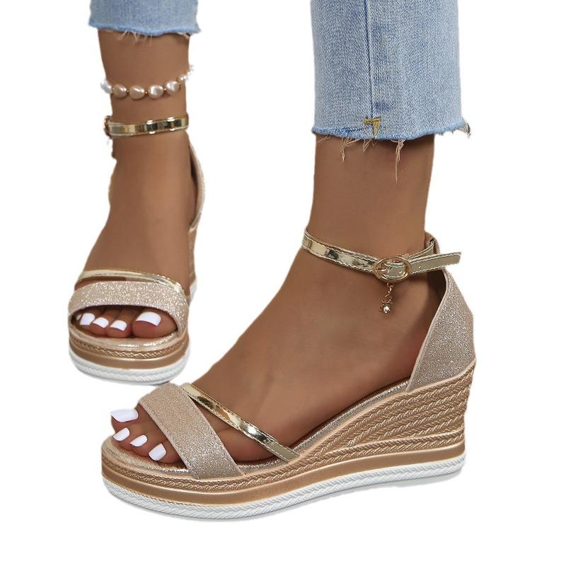 Damen Sandalen mit breiter Weite und Plateauabsatz - Peep-Toe Keilabsatz mit Schnallenriemen, Sommer Schuhe im römischen Stil