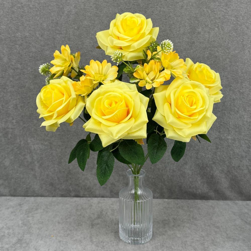 

Multicolor Artifcial Rose Flower Curled Edge Petals Green Leaves Faux Flower Rose Photo Props Accesssories жёлтый
