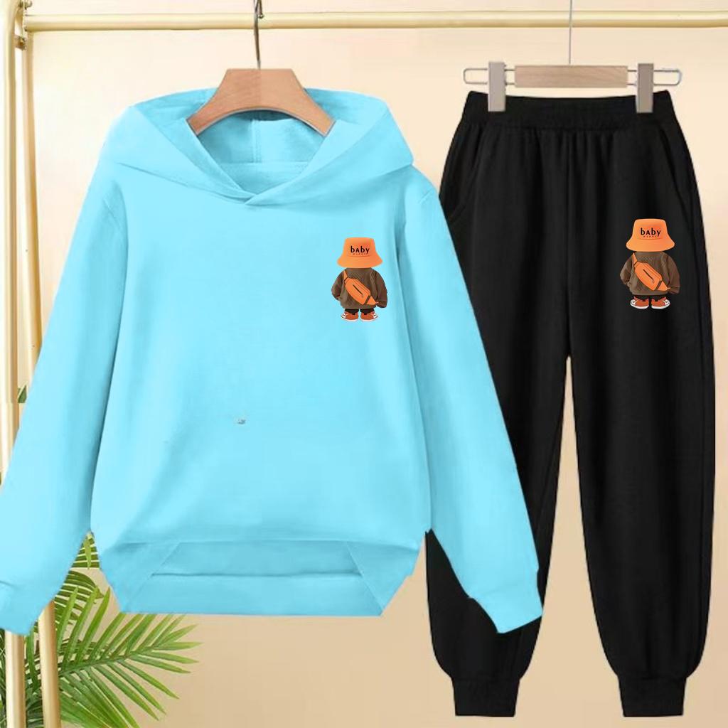 Suit Hoodie, "Baby Boy", Suitable for Boys and Girls Aged 3 to 12. Its Features Are Pink, White and Blue Tops and Trousers