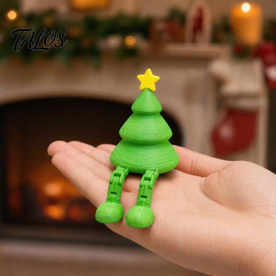 PLA Tree Ornament Christmas Figurine with Articulated Legs, 3D Printed Xmas Holiday Statue, Mini Desk Decoration for Home Office Shelf Green Decor