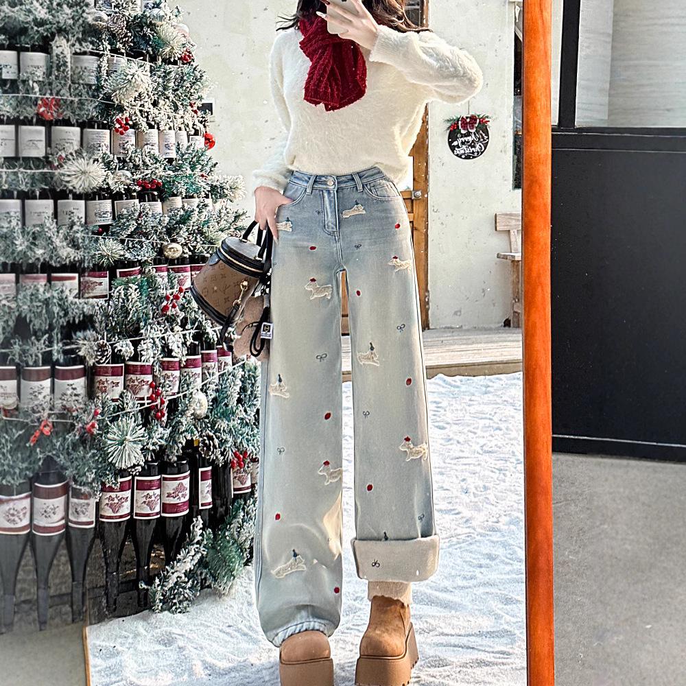 Women's Trendy High-Waist Embroidered Velvet Wide-Leg Jeans for Winter 2025