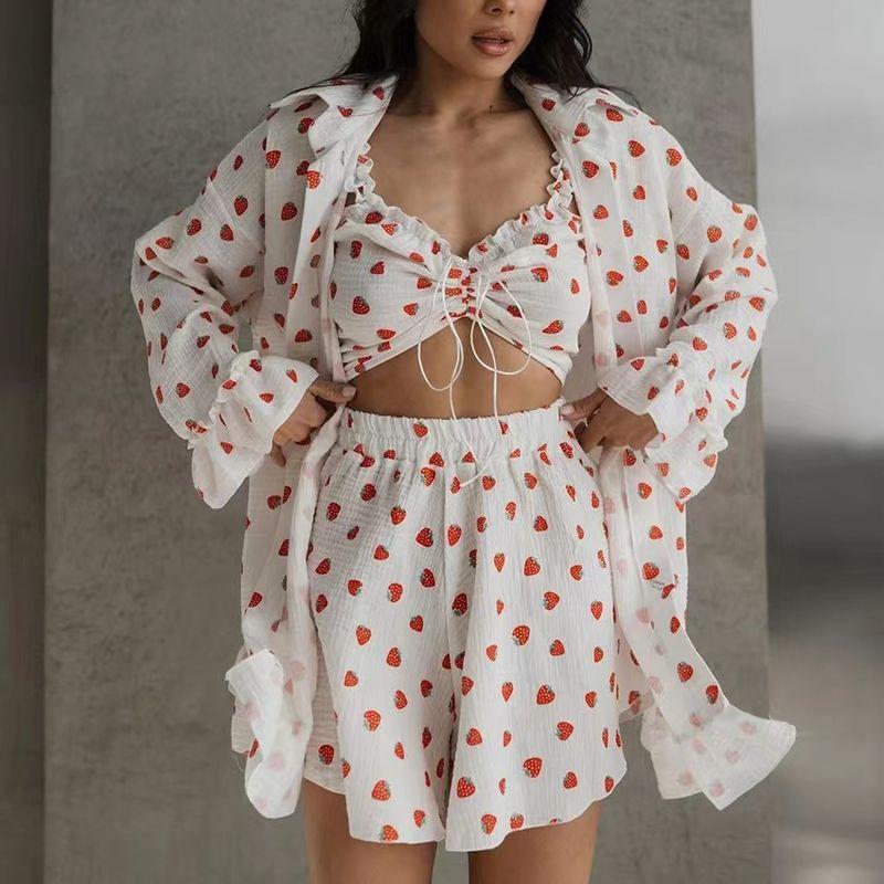 

Western Style Frill Shirts Underwear Shorts Three-Piece Set Sweet Printed Three Piece Set Strawberry Print M