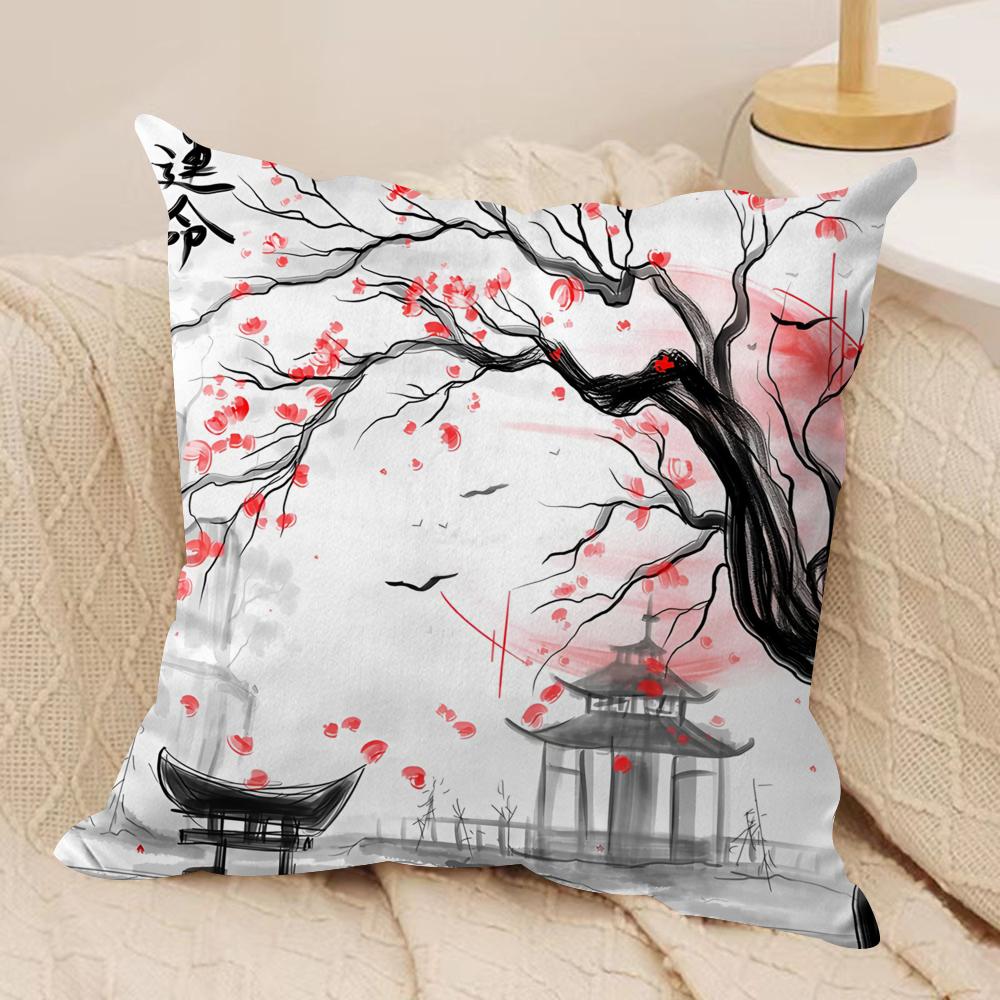 Japanese Pagoda Landscape Cushion Cover Plush Fabric Soft DoubleSided Printed Sofa Warm Winter Home Gift Pillow Cover