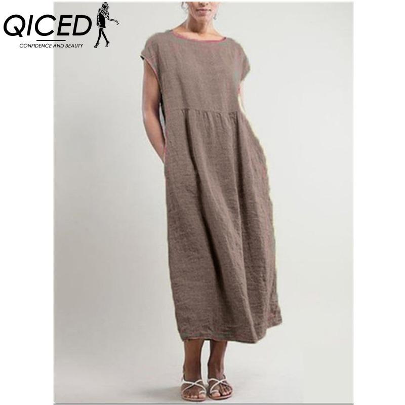 QICED Women's Fashion Summer Spring Solid Color Print O-Neck High Waist Casual Dresses