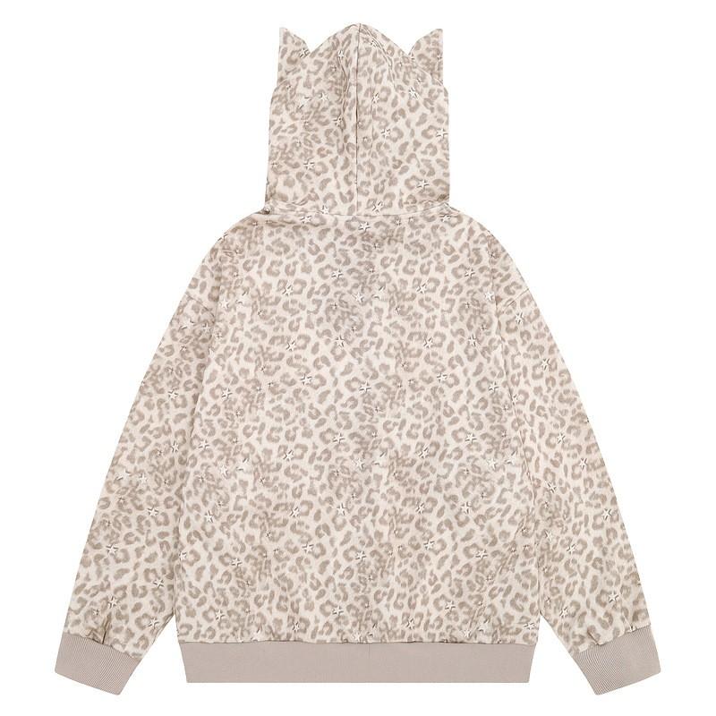 Millennium - Leopard Print Hoodie Khaki Cat Ear Hooded Sweatshirt Loose Fit Streetwear Women