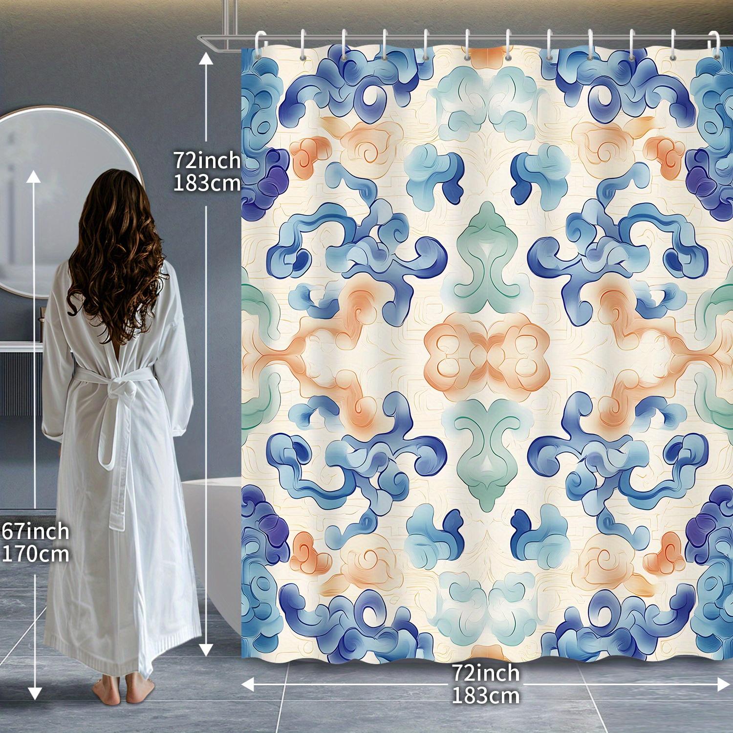 

Bohemian Geometric Floral Shower Curtain - Vintage Watercolor Design, Blue Orange Pink Green, Polyester, Machine Washable W90xH180cm