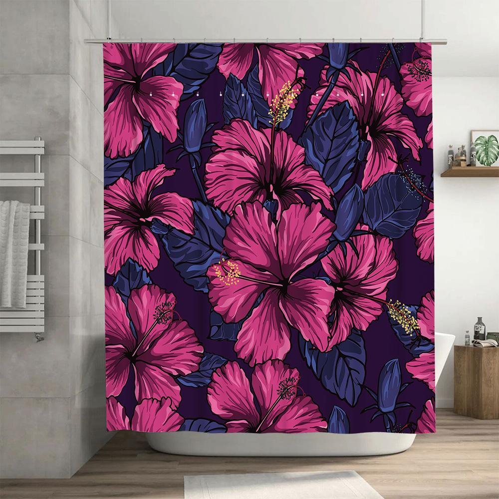 Vibrant Hibiscus Shower Curtain Waterproof Fabric Bath Decor in Pink Purple Navy Blue for Home Decoration
