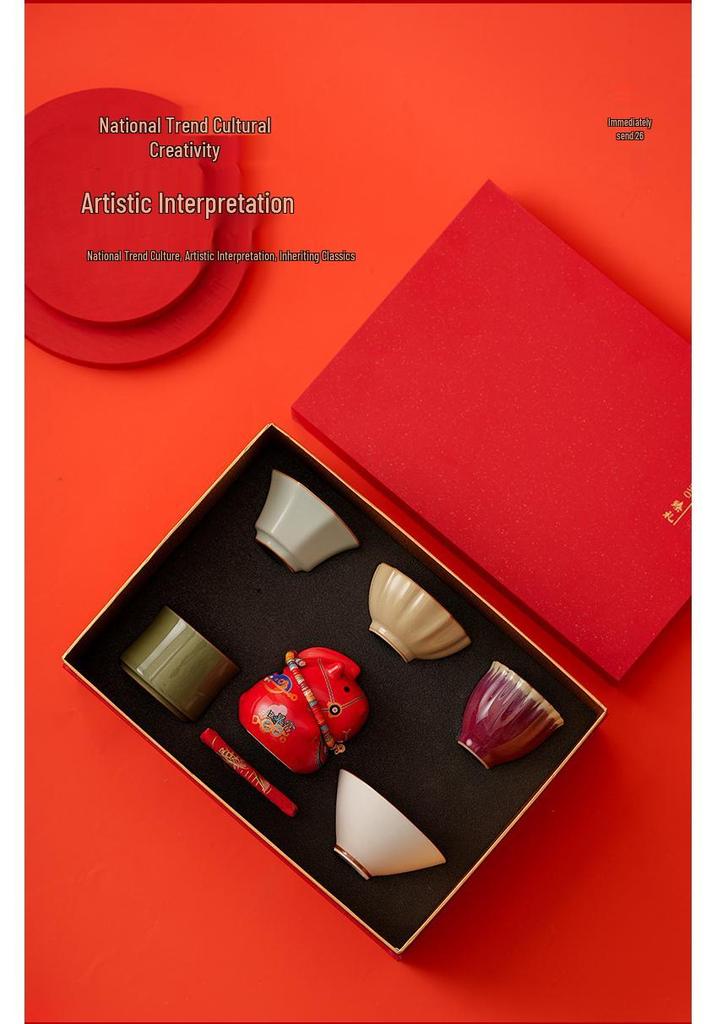 2026 Year of the Horse Cultural Gift Set: Ceramic Tea Cup, Ornament, Piggy Bank Souvenir