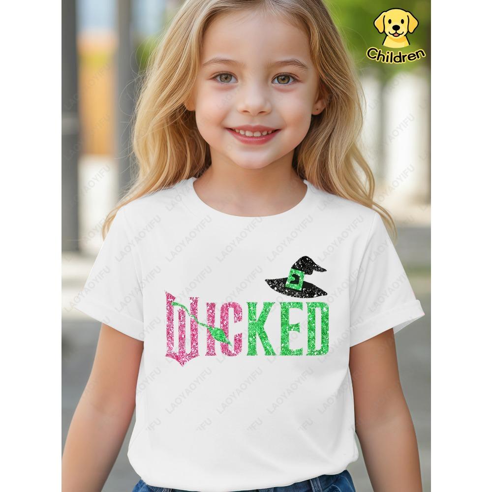 Girls' Wicked Musical-Inspired T-Shirt Cotton Red Short Sleeve Round Neck Tops Trendy Glittery Wicked & Elphaba Children's Shirt