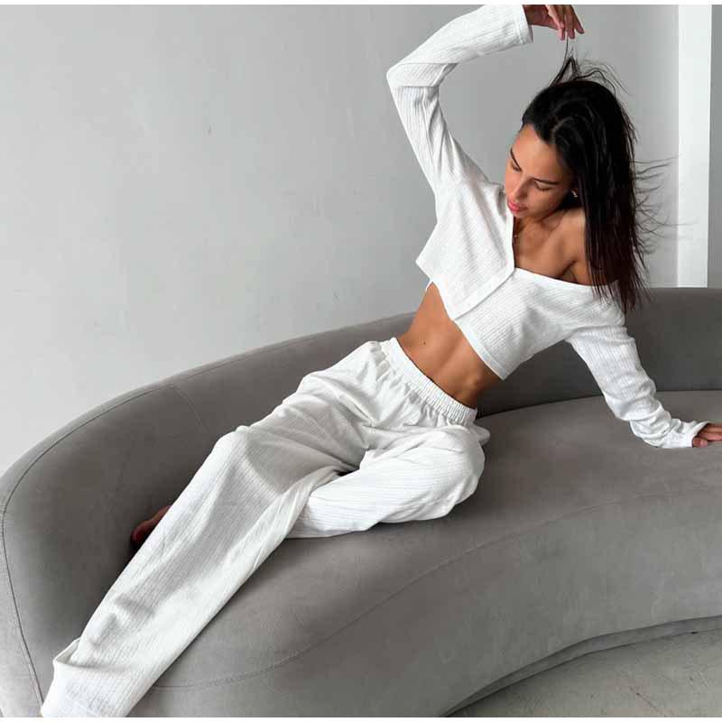 Casual Long Pants Set Woman Spring Summer V-neck Buttons Blouses Full Sleeve Elastic Waist Trousers Sets Female Solid Color Office Lady Suit