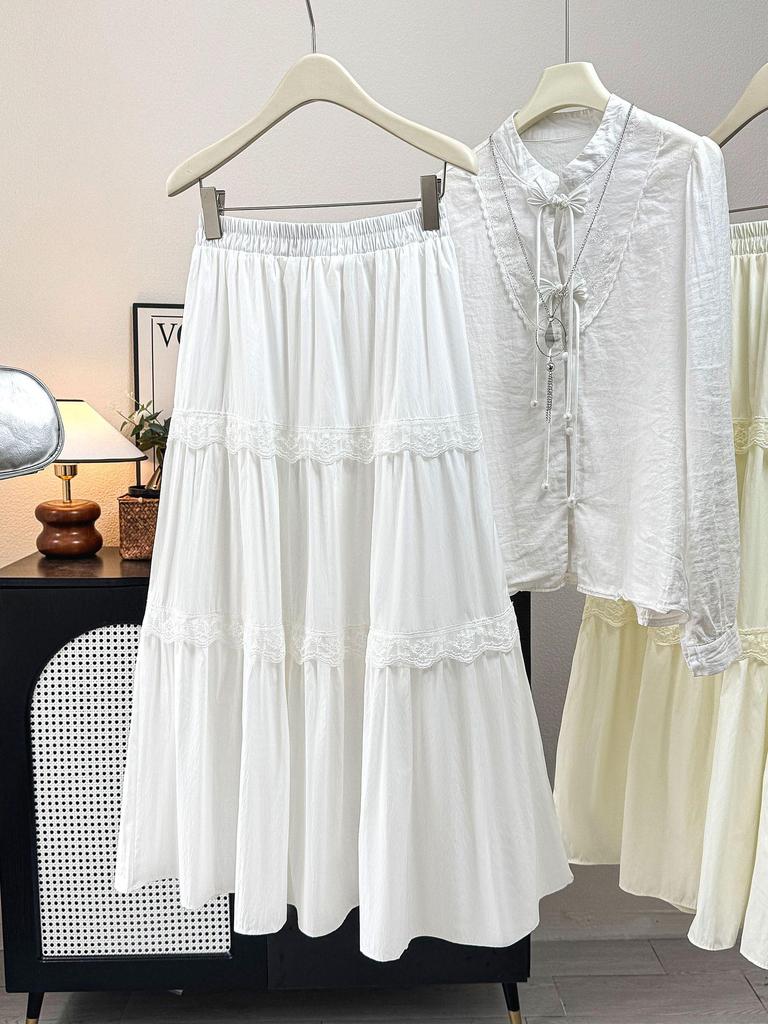 2026 Spring/Summer French Niche White Lace A-Line Ruffle Skirt with Wide Hem