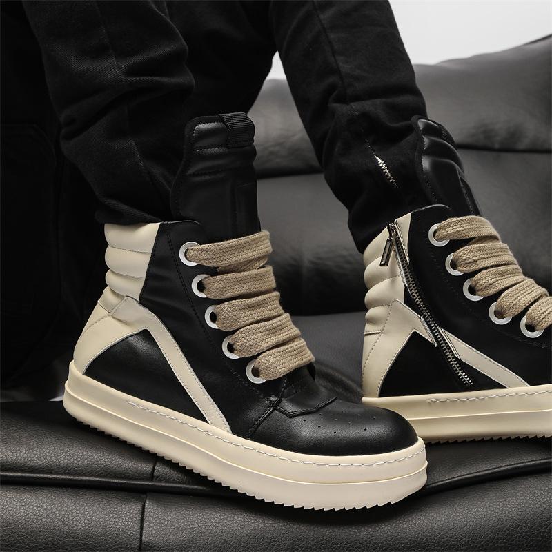 2024 Autumn/Winter Men's Trendy Genuine Leather High-Top Black & White Thick-Soled Boots