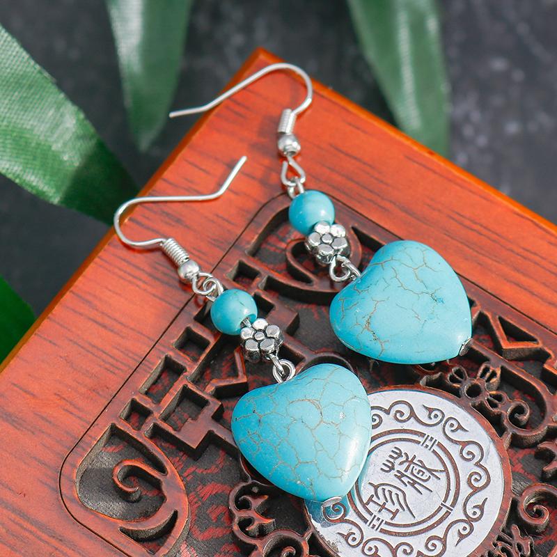 Ethnic Turquoise Love Heart Drop Earrings for Women Bohemian Natural Stone Dangle Earrings Girls Party Birthday Zircon Gifts