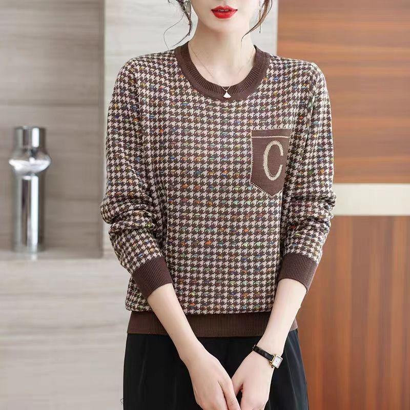 Round Neck Spring Autumn Women New Tops Middle-aged Elderly Mothers Houndstooth Plaid Sweaters