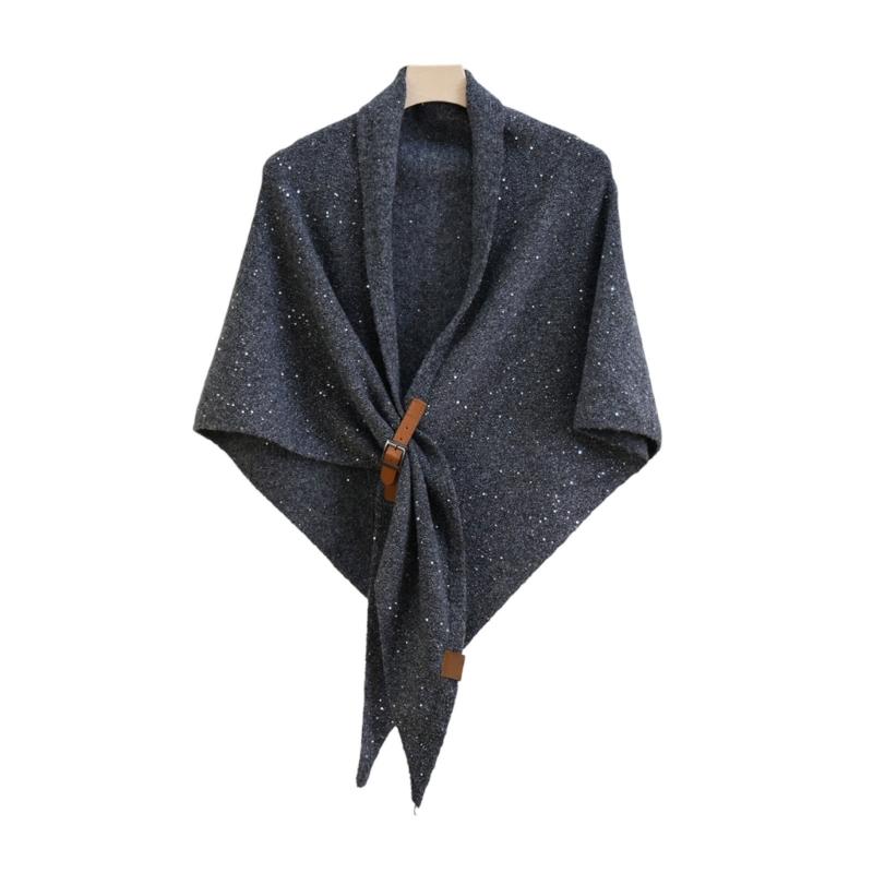 Solid Color Wool Blend Triangular Stole With Leather Clasp Warm Soft Scarf Wrap For Women Lady Winter Autumn Accessory