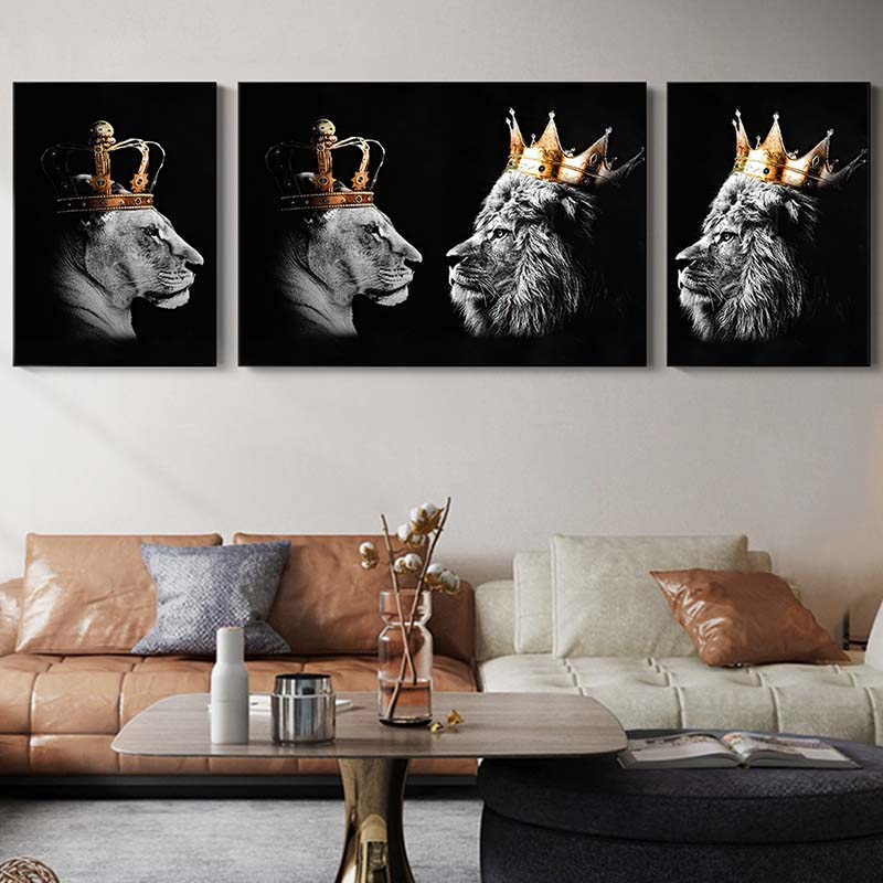 León macho y leona con corona, pintura en lienzo, carteles e impresiones de animales en blanco y negro, decoración de pared para sala de estar, sin marco