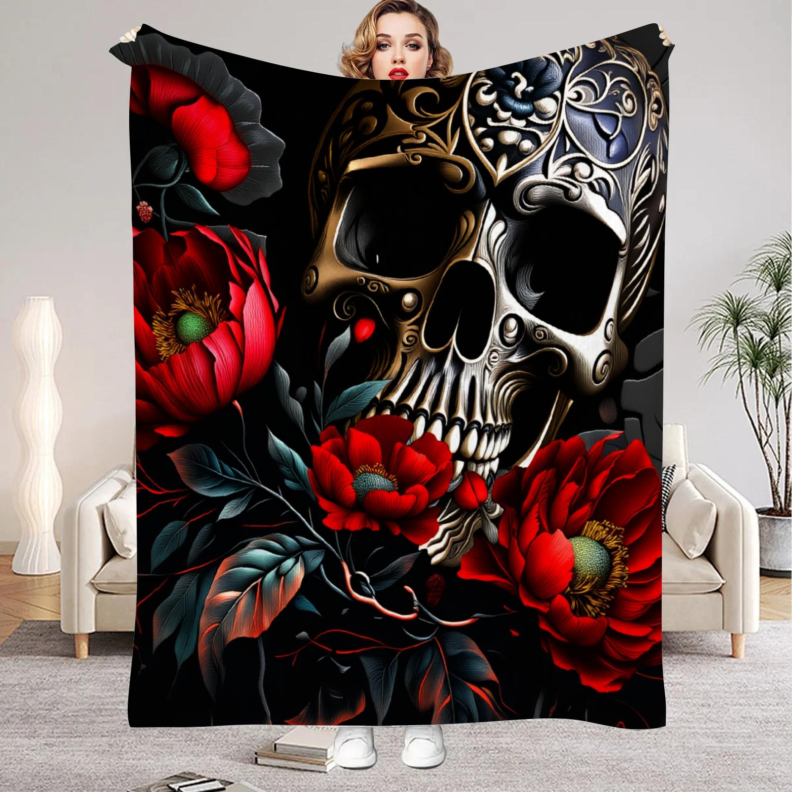 

1Pc Digital Printed Rose and Skull Flannel Blanket Mattress Cover Blanket for Family BedsSofasOfficesOutdoor Camping 75x100cm (30x40inch)