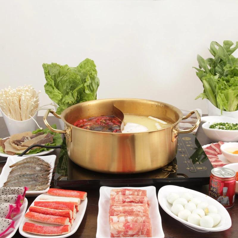 Kommerzieller goldfarbener Kupferimitattopf Universeller Suppentopf für Induktionsherd Edelstahl-Hotpot Hotpot Doppelgeschmack-Töpfe