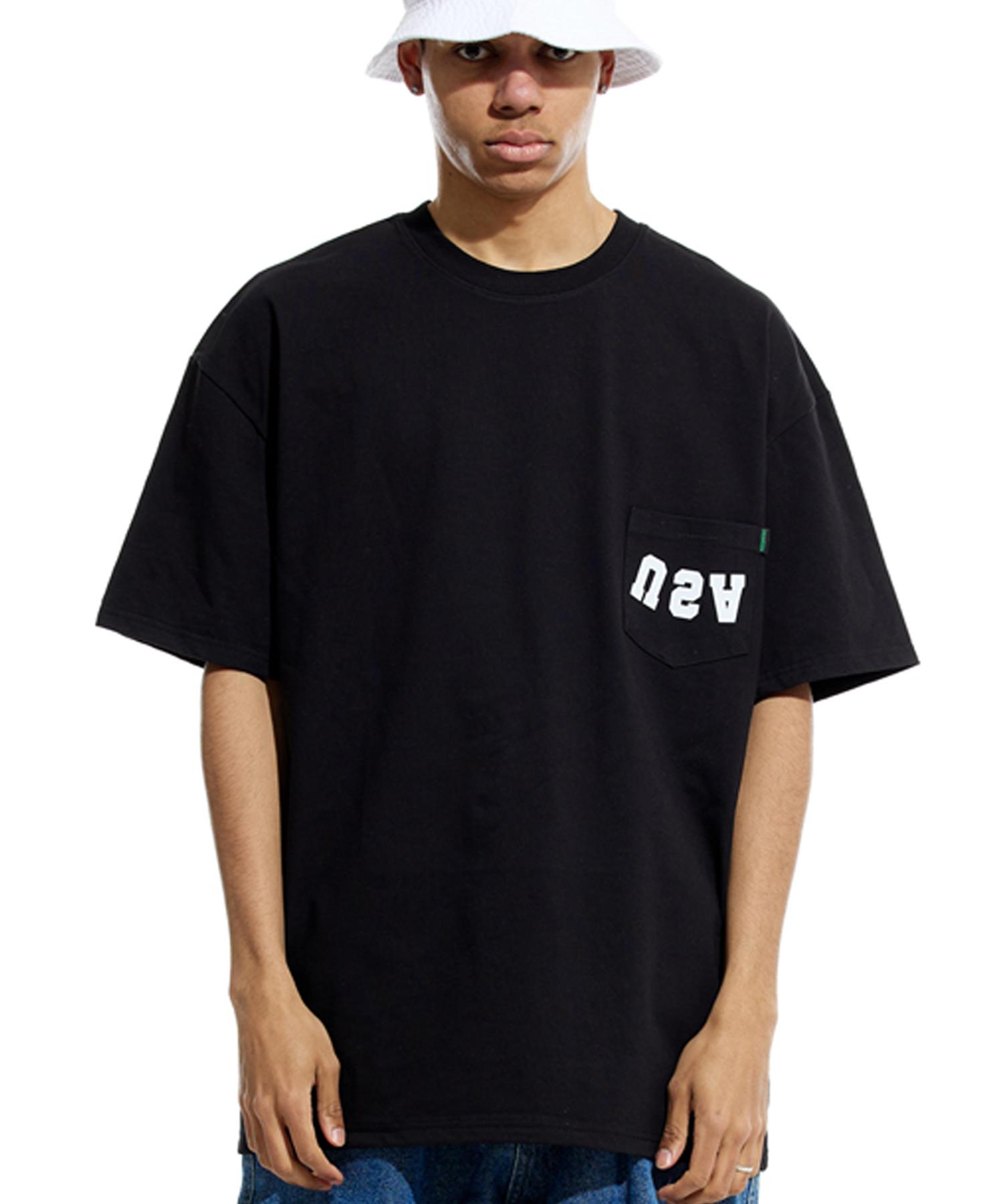 Cream Soda Lab Reverse Usa Oversized Heavyweight Pocket Short Sleeve Tee Black L