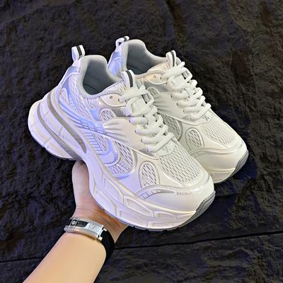 Fashion 2024 Thick-soled Women's Leather Mesh Splicing Fashionable Anti-Slip Breathable Spring and Summer Thick-soled Sports Shoes