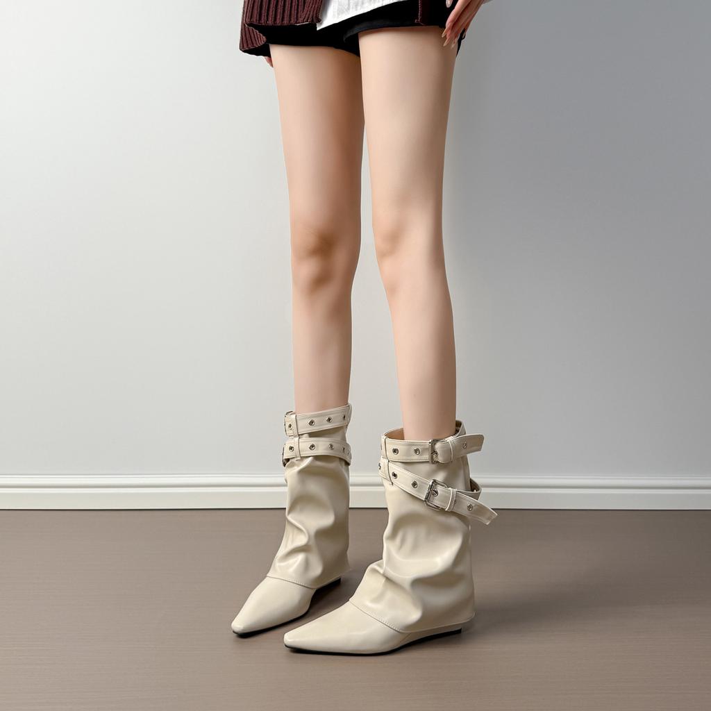 French temperament Spice Girl belt buckle trouser boots women's 2025 new pointed wedge short boots white medium tube knight boots