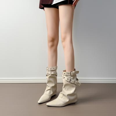 French Temperament Spice Girl Belt Buckle Trouser Boots Women's 2025 New Pointed Wedge Short Boots White Medium Tube Knight Boots